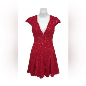 Stylestalker Visions Sheer Lace Skater Dress XS Cap Sleeve V-Neck Scallop Trim